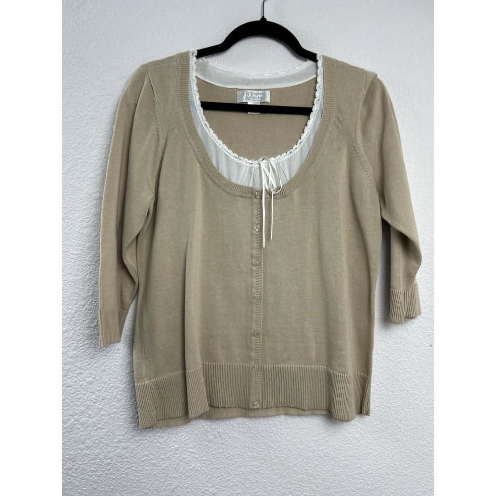 Christopher & Banks Petite 3/4 Sleeve Coquette Sweater Size PL Beige Dainty Soft